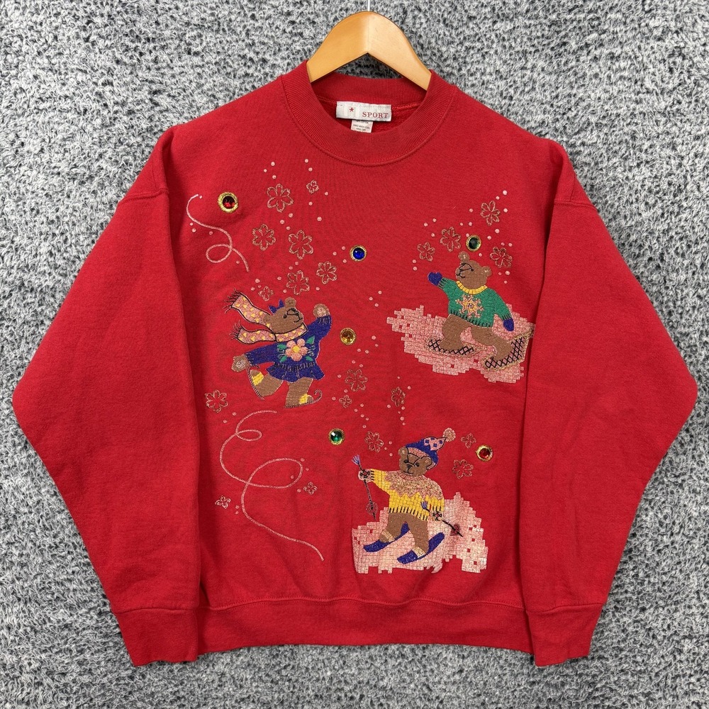 Vintage Christmas Sweater Womens One Size XL Red Bear Ski Holiday Ugly USA 90s